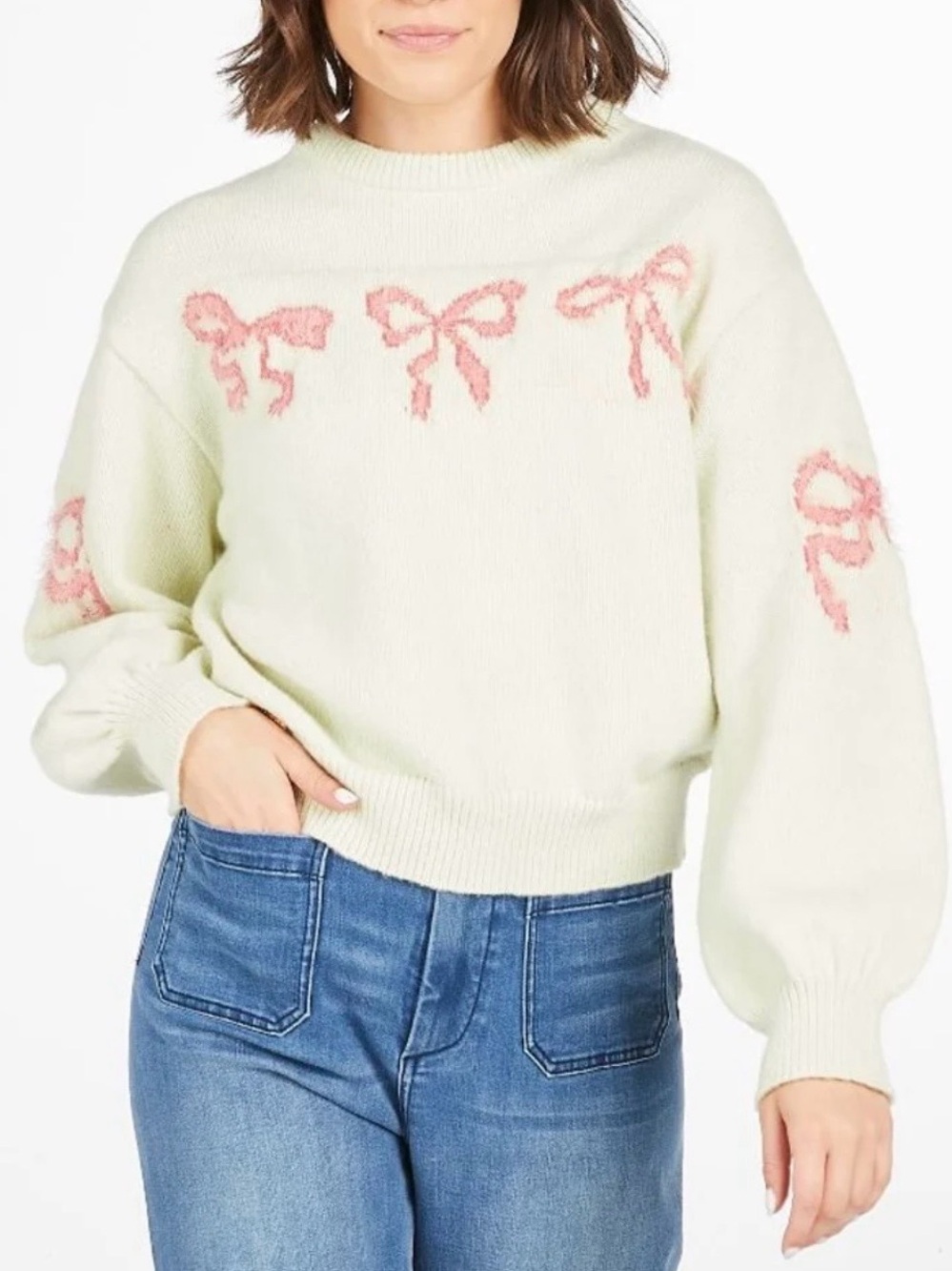 Simply Southern Cream Crewneck Sweater with Pink Bow Details